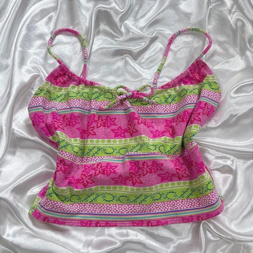 y2k Tank Top Pink Sand N Sun Floral Striped Cami Crop Top Medium